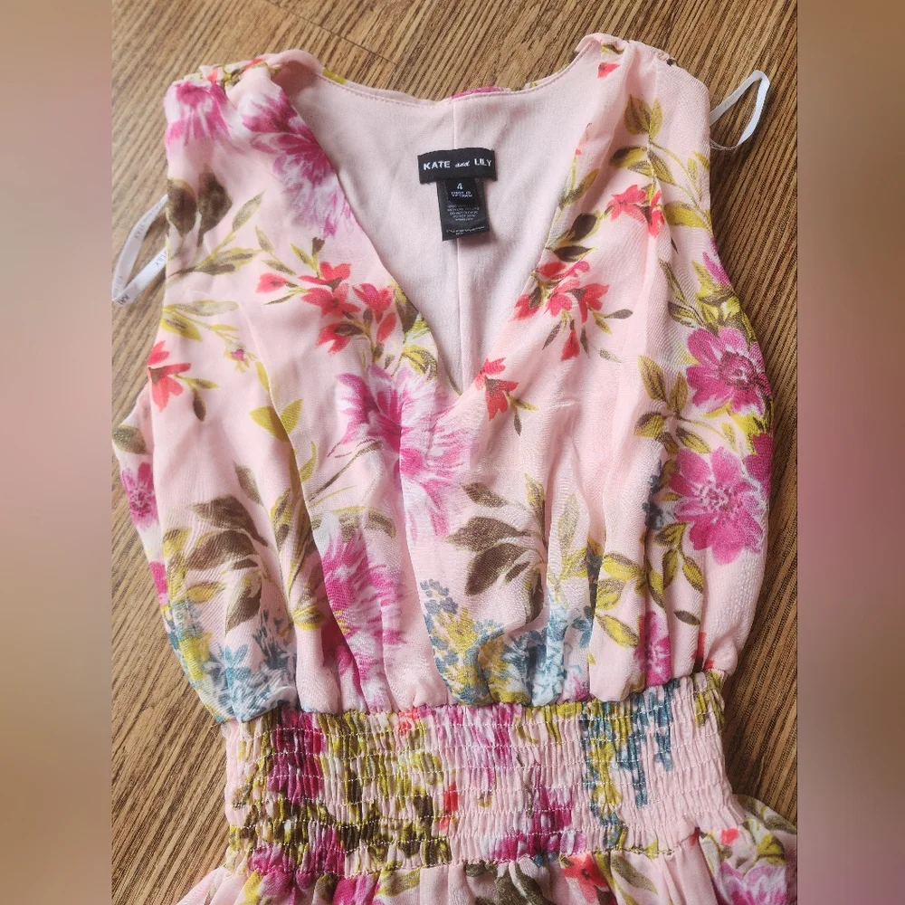 Size 4 Kate And Lily Dresses Pink Floral Smocked Waist Midi Dress - Picture 4 of 10